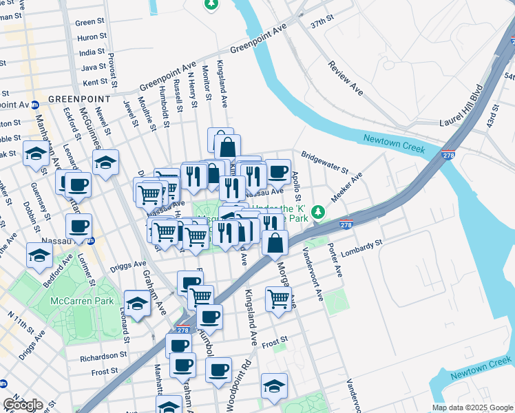 map of restaurants, bars, coffee shops, grocery stores, and more near 61 Sutton Street in Brooklyn