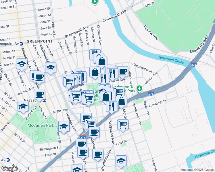 map of restaurants, bars, coffee shops, grocery stores, and more near 61 Sutton Street in Brooklyn