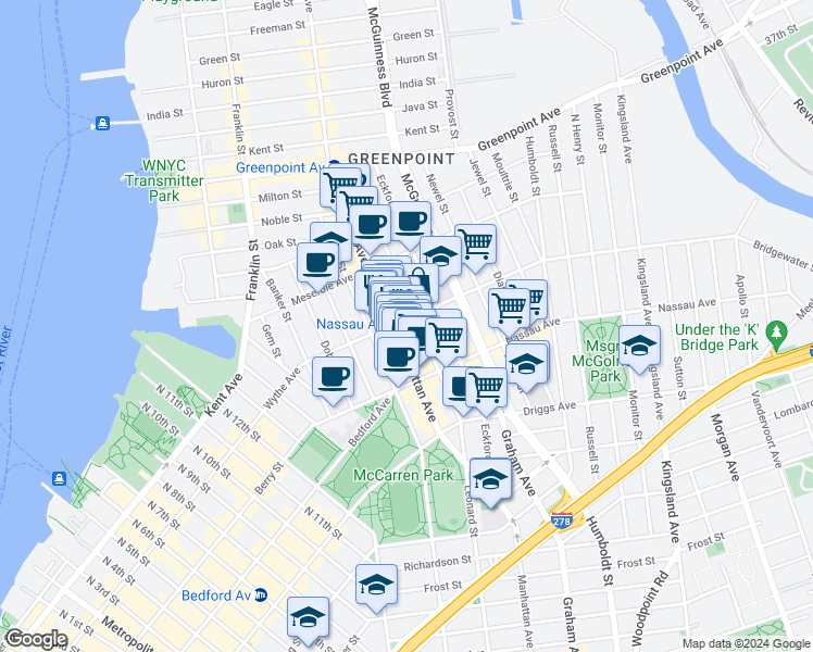 map of restaurants, bars, coffee shops, grocery stores, and more near 680 Manhattan Avenue in Brooklyn