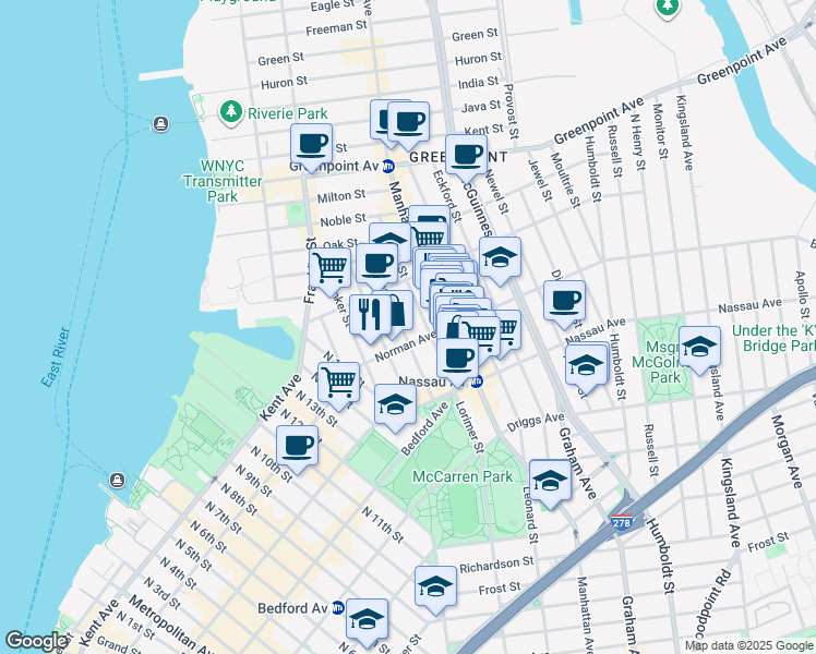 map of restaurants, bars, coffee shops, grocery stores, and more near 62 Norman Avenue in Brooklyn