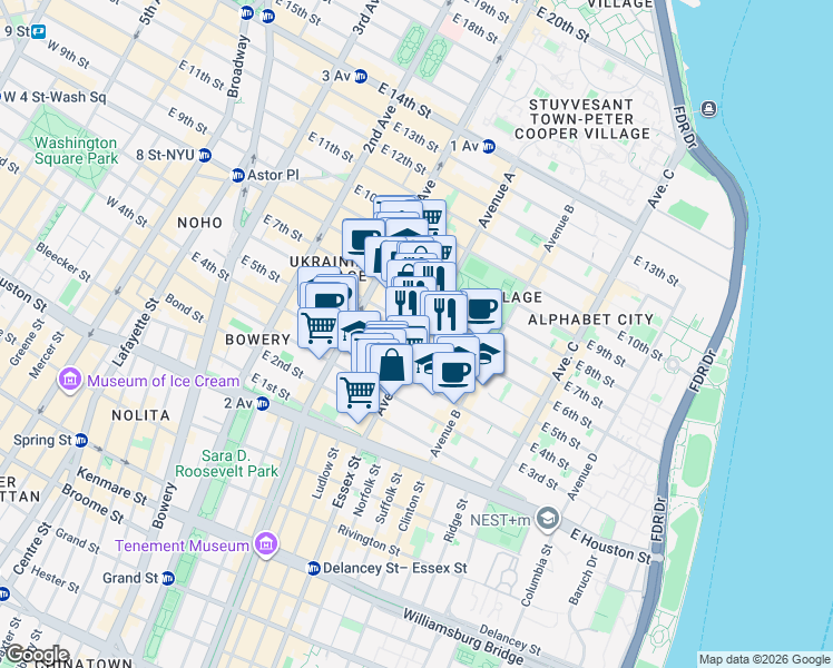 map of restaurants, bars, coffee shops, grocery stores, and more near 79 Avenue A in New York