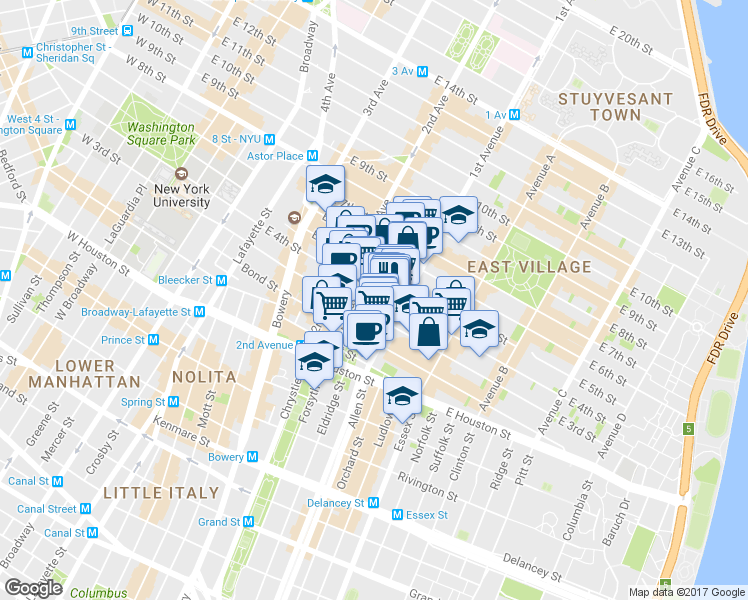 map of restaurants, bars, coffee shops, grocery stores, and more near 57 1st Avenue in New York