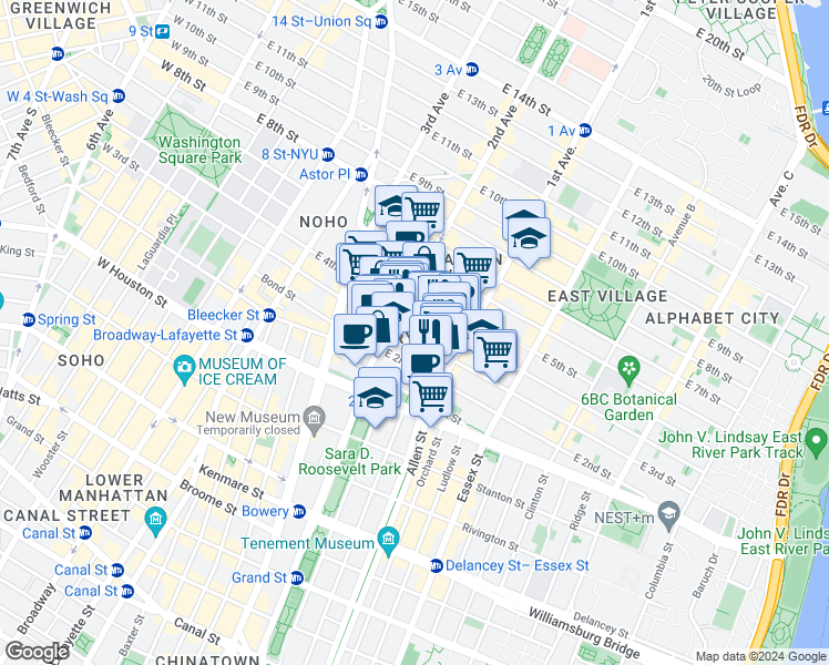 map of restaurants, bars, coffee shops, grocery stores, and more near 68 East 3rd Street in New York