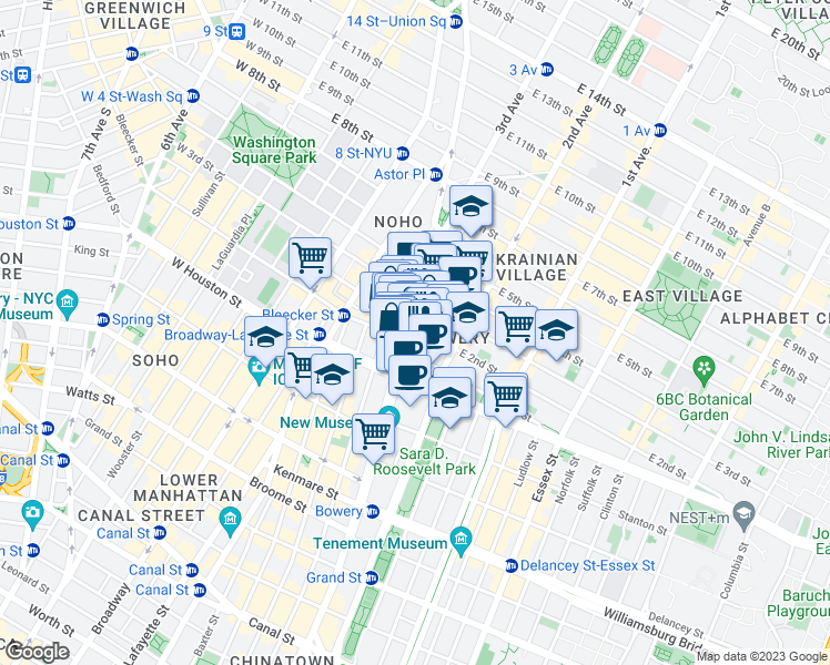 map of restaurants, bars, coffee shops, grocery stores, and more near 1 East 2nd Street in New York