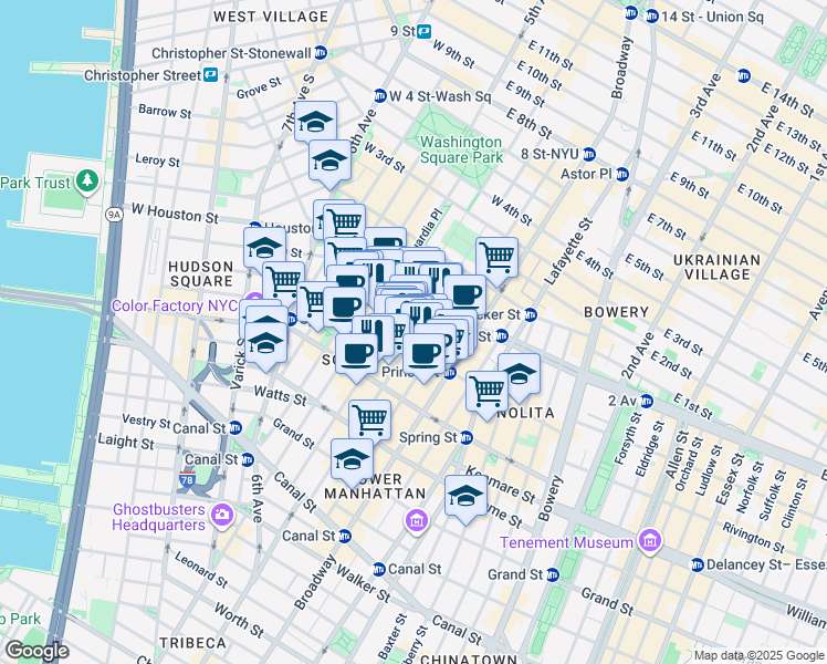 map of restaurants, bars, coffee shops, grocery stores, and more near 110 Prince Street in New York