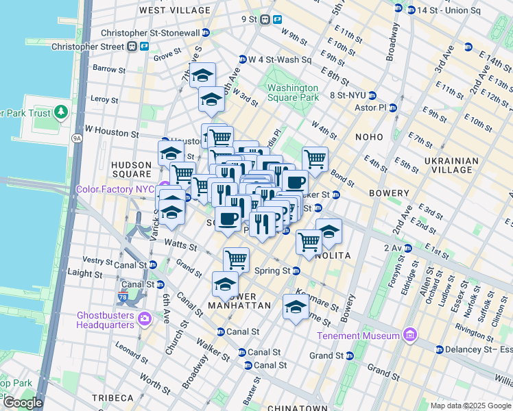 map of restaurants, bars, coffee shops, grocery stores, and more near 110 Prince Street in New York
