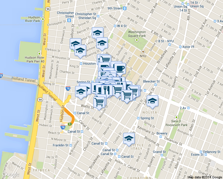 map of restaurants, bars, coffee shops, grocery stores, and more near 423 West Broadway in New York