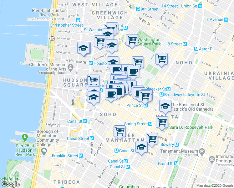 map of restaurants, bars, coffee shops, grocery stores, and more near 423 West Broadway in New York