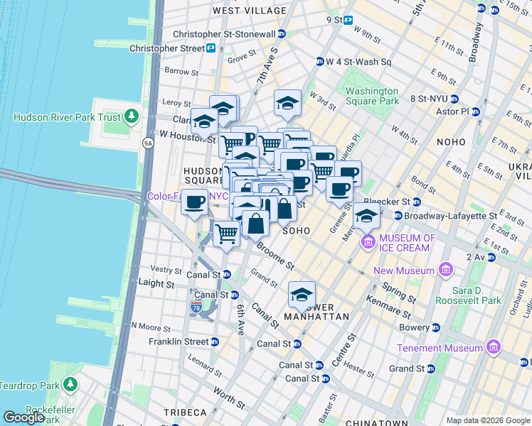 map of restaurants, bars, coffee shops, grocery stores, and more near in New York
