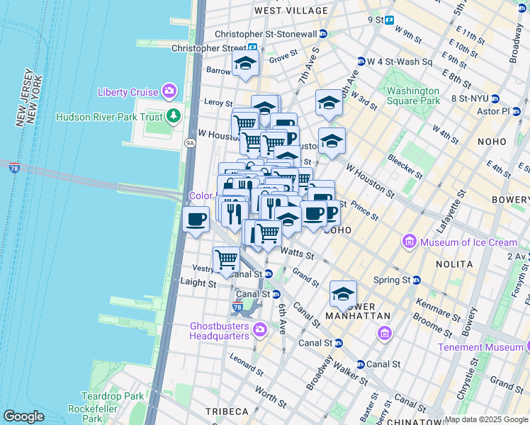 map of restaurants, bars, coffee shops, grocery stores, and more near 38 Dominick Street in New York