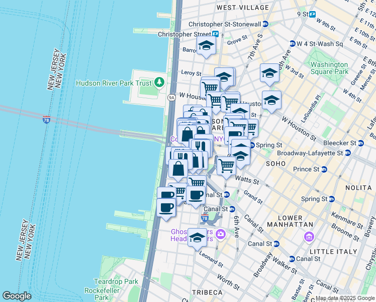 map of restaurants, bars, coffee shops, grocery stores, and more near 471 Washington Street in New York