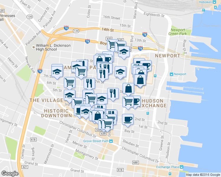 map of restaurants, bars, coffee shops, grocery stores, and more near 441 Manila Avenue in Jersey City
