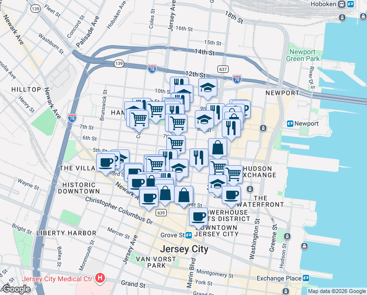 map of restaurants, bars, coffee shops, grocery stores, and more near 441 Manila Avenue in Jersey City