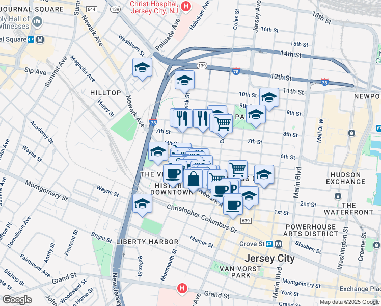 map of restaurants, bars, coffee shops, grocery stores, and more near 437 Monmouth Street in Jersey City