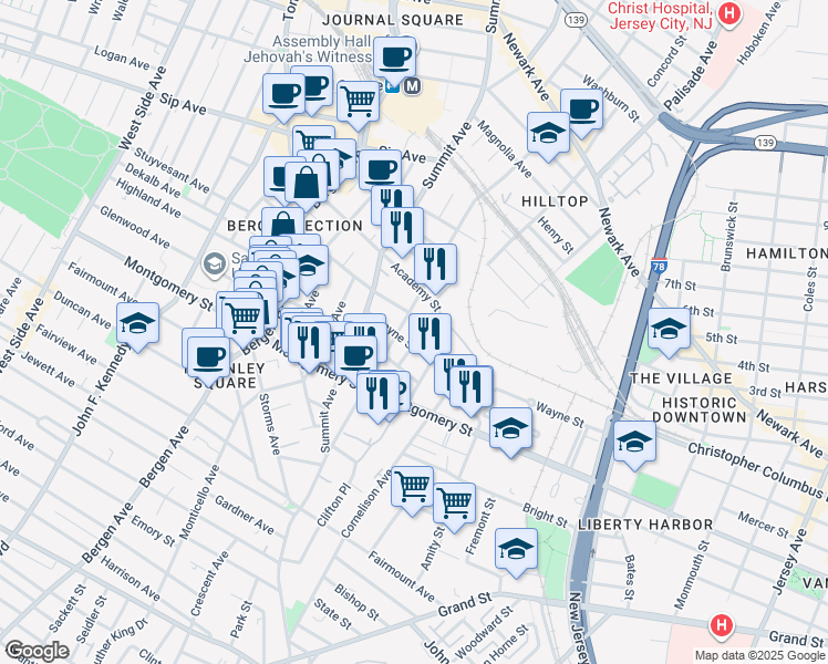 map of restaurants, bars, coffee shops, grocery stores, and more near 9 Gray Street in Jersey City