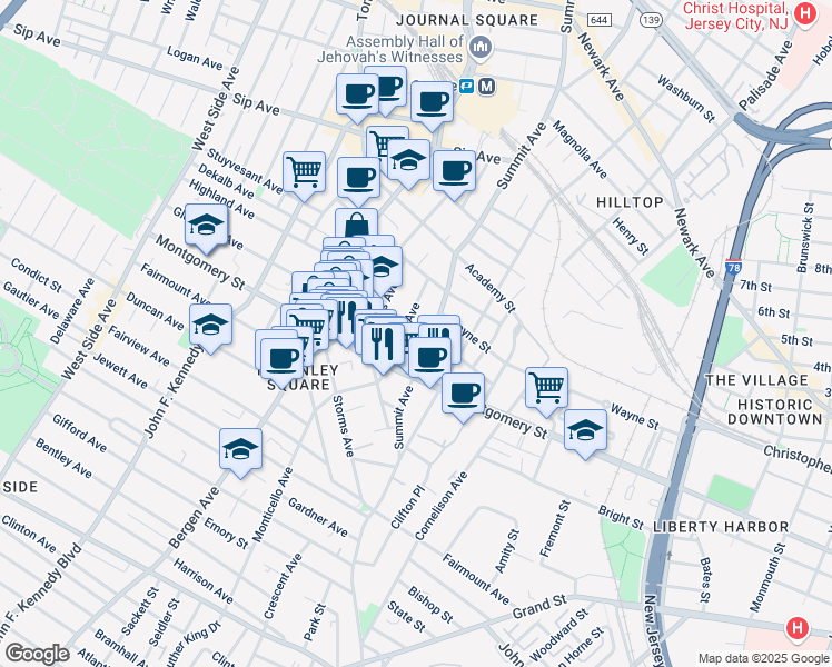 map of restaurants, bars, coffee shops, grocery stores, and more near 678 Montgomery Street in Jersey City