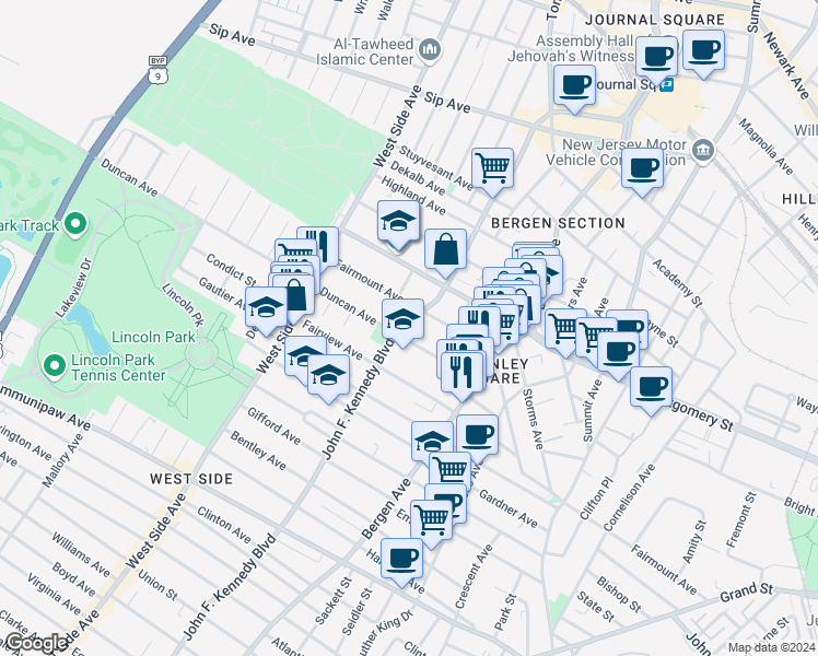 map of restaurants, bars, coffee shops, grocery stores, and more near 75 Duncan Court in Jersey City
