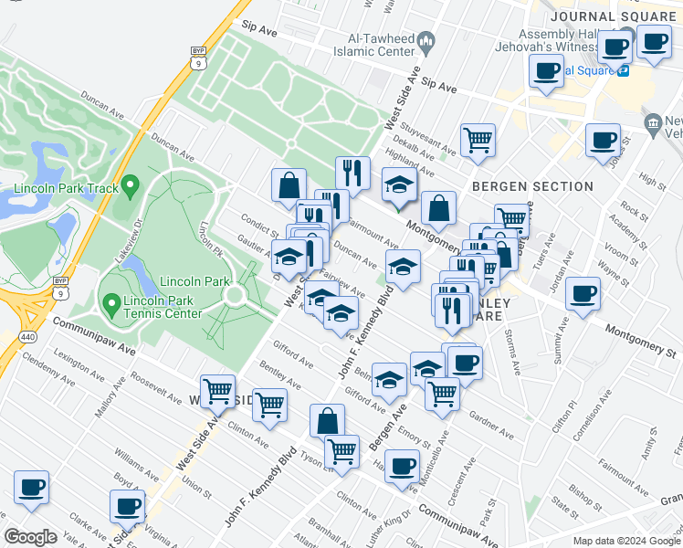 map of restaurants, bars, coffee shops, grocery stores, and more near 185 Fairview Avenue in Jersey City