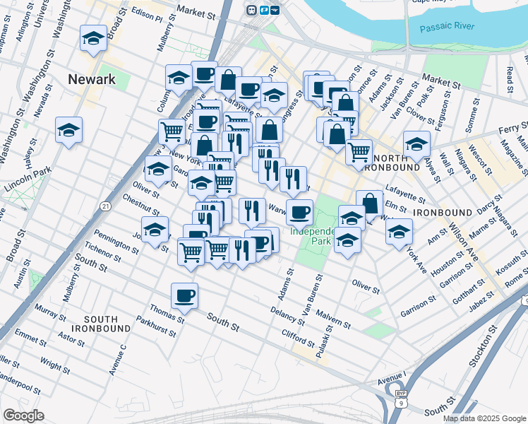 map of restaurants, bars, coffee shops, grocery stores, and more near 225 Jefferson Street in Newark