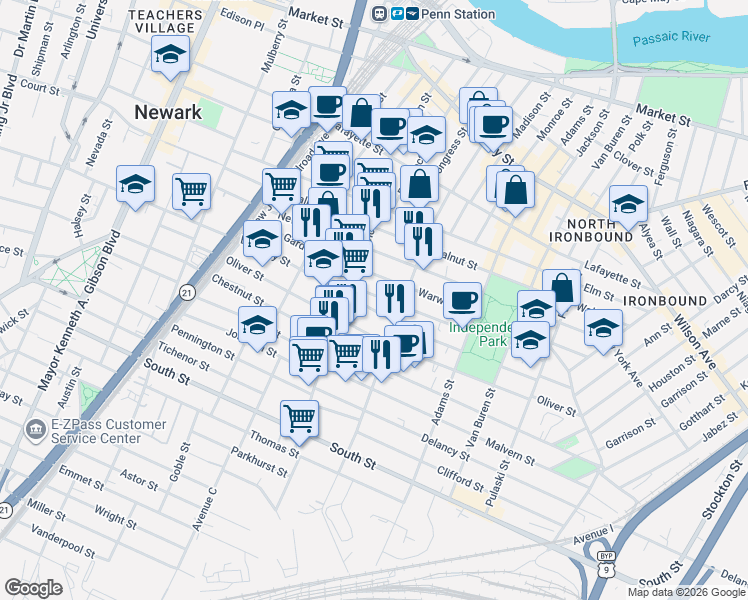 map of restaurants, bars, coffee shops, grocery stores, and more near 223-227 East Kinney Street in Newark