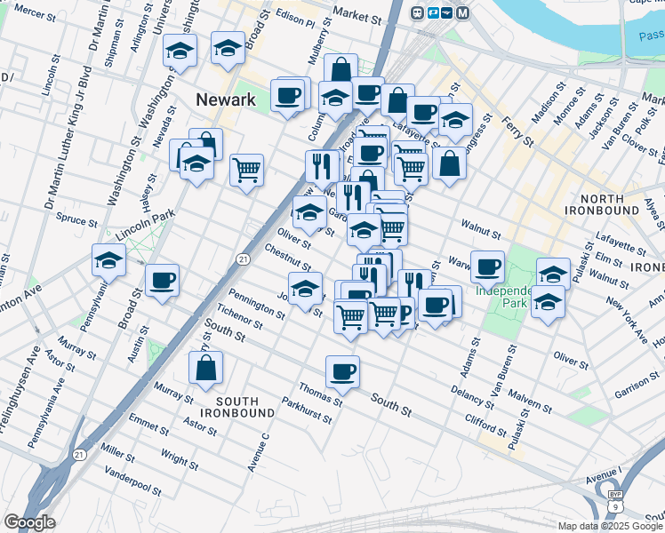 map of restaurants, bars, coffee shops, grocery stores, and more near 156 Chestnut Street in Newark