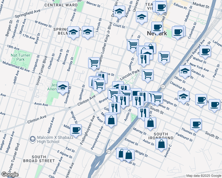 map of restaurants, bars, coffee shops, grocery stores, and more near 15 Thomas Street in Newark
