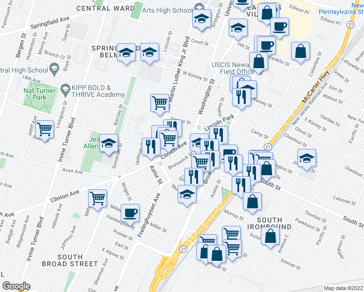 map of restaurants, bars, coffee shops, grocery stores, and more near 15 Thomas Street in Newark