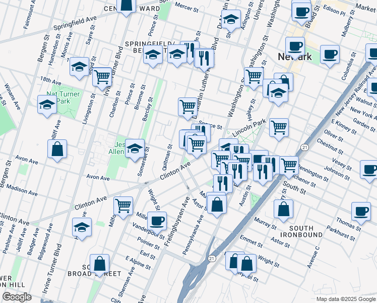 map of restaurants, bars, coffee shops, grocery stores, and more near 147-155 Clinton Avenue in Newark