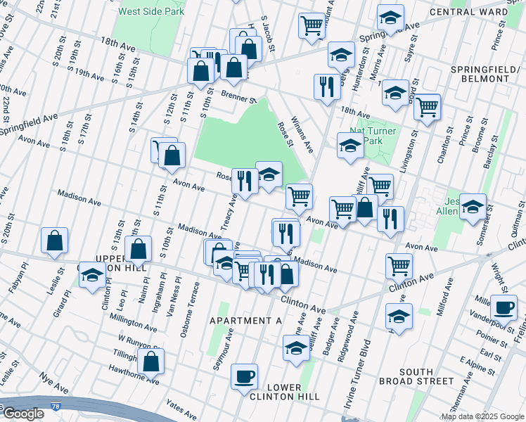 map of restaurants, bars, coffee shops, grocery stores, and more near 14 Seymour Avenue in Newark