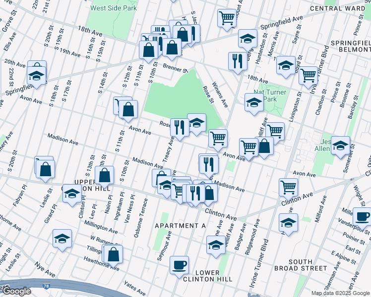 map of restaurants, bars, coffee shops, grocery stores, and more near 15 Farley Avenue in Newark