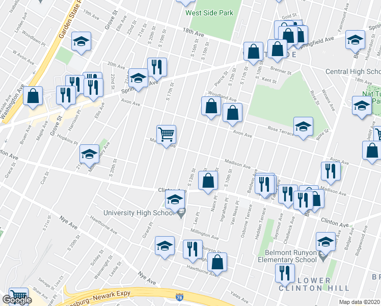 map of restaurants, bars, coffee shops, grocery stores, and more near 831 South 13th Street in Newark