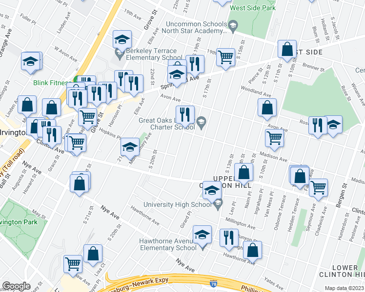 map of restaurants, bars, coffee shops, grocery stores, and more near 896 South 18th Street in Newark