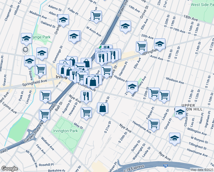 map of restaurants, bars, coffee shops, grocery stores, and more near 991 Clinton Avenue in Irvington