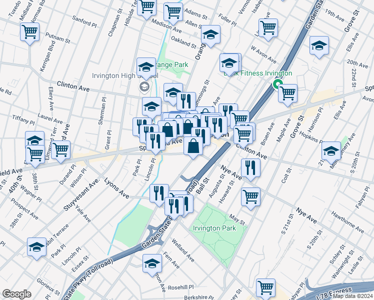 map of restaurants, bars, coffee shops, grocery stores, and more near 45 Union Avenue in Irvington