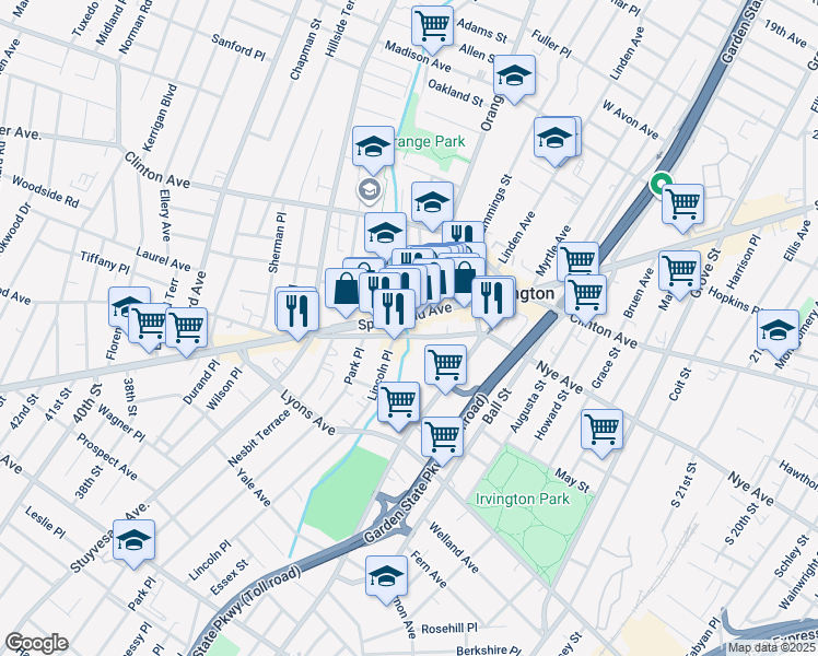 map of restaurants, bars, coffee shops, grocery stores, and more near 667 Nye Avenue in Irvington
