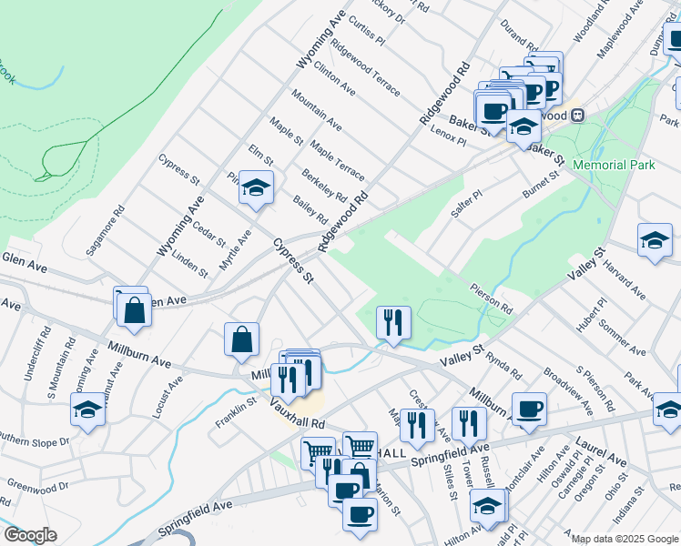 map of restaurants, bars, coffee shops, grocery stores, and more near 7 Rosedale Avenue in Millburn