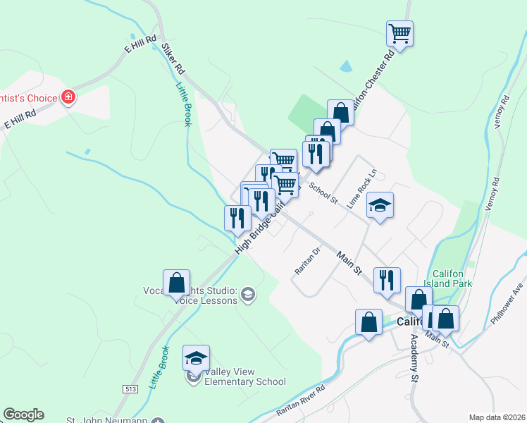 map of restaurants, bars, coffee shops, grocery stores, and more near 425 County Road 513 in Califon