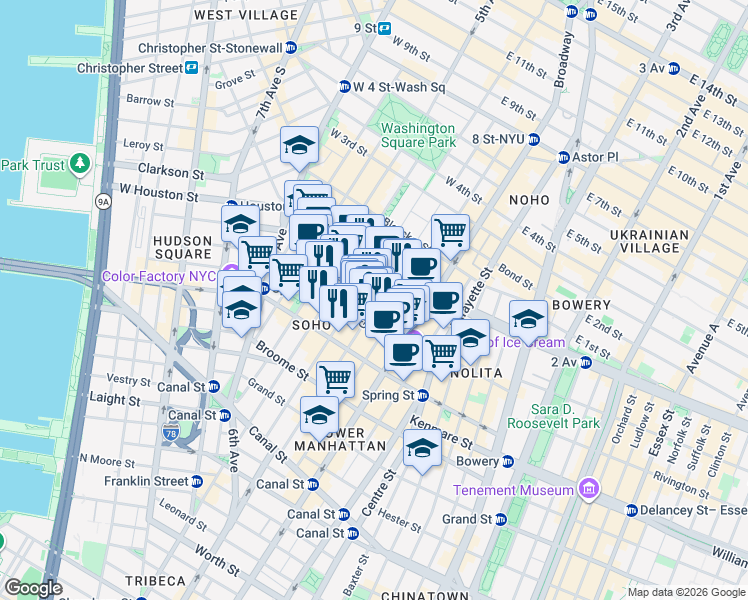 map of restaurants, bars, coffee shops, grocery stores, and more near 121 Greene Street in New York