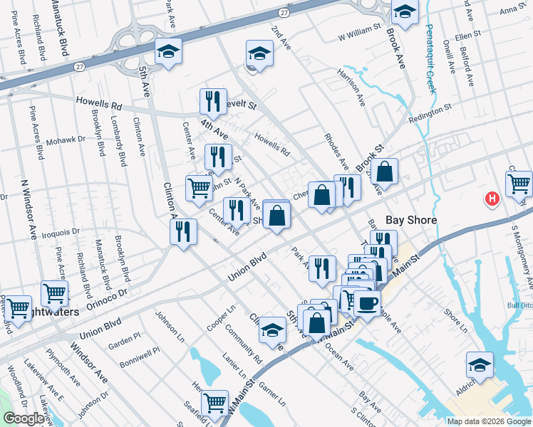 map of restaurants, bars, coffee shops, grocery stores, and more near 104 Railroad Plaza in Bay Shore