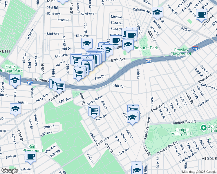 map of restaurants, bars, coffee shops, grocery stores, and more near 58-41 Mazeau Street in Queens