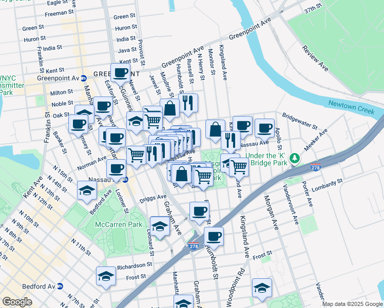 map of restaurants, bars, coffee shops, grocery stores, and more near 663 Humboldt Street in Brooklyn