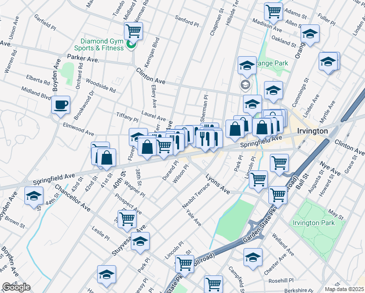 map of restaurants, bars, coffee shops, grocery stores, and more near 1230 Springfield Avenue in Irvington