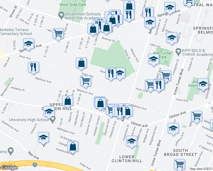 map of restaurants, bars, coffee shops, grocery stores, and more near 34 Treacy Avenue in Newark