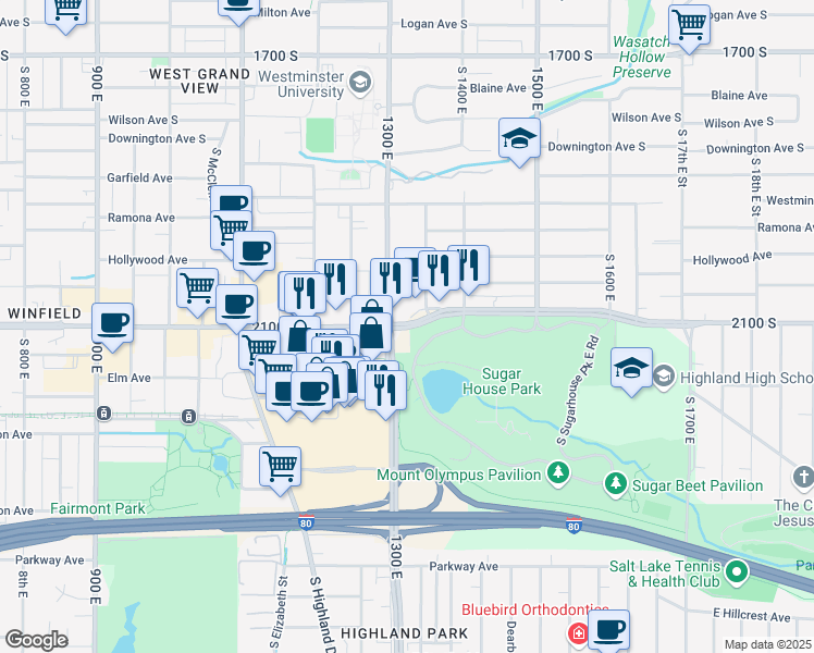 map of restaurants, bars, coffee shops, grocery stores, and more near 1339 East 2100 South in Salt Lake City