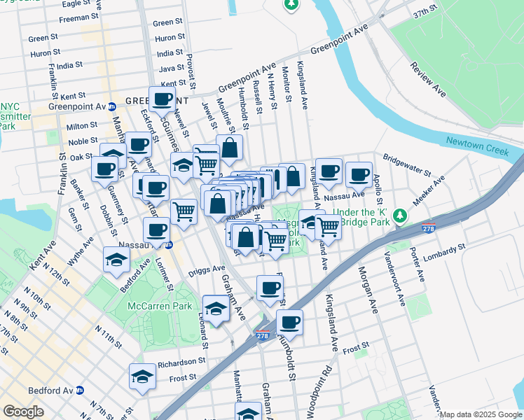 map of restaurants, bars, coffee shops, grocery stores, and more near 663 Humboldt Street in Brooklyn
