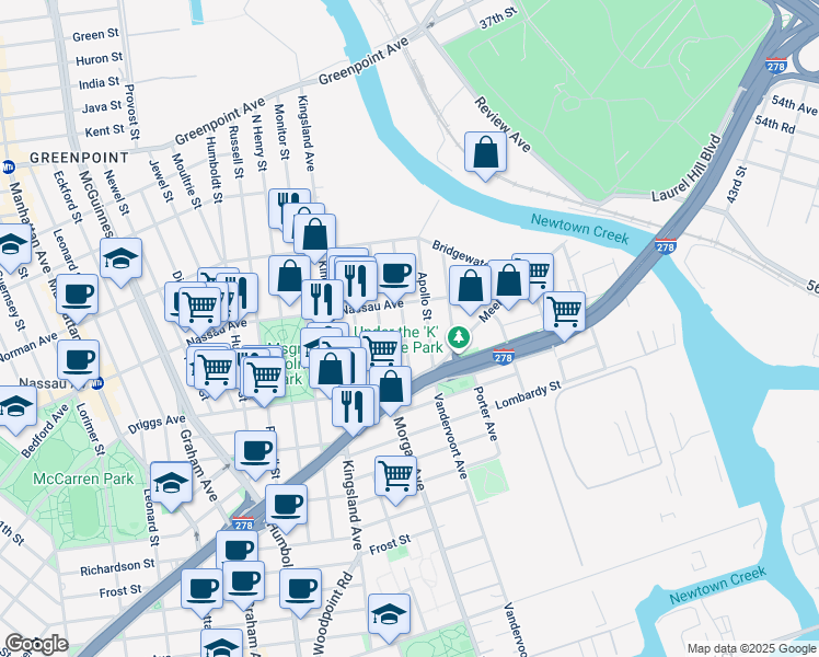 map of restaurants, bars, coffee shops, grocery stores, and more near 58 Hausman Street in Brooklyn