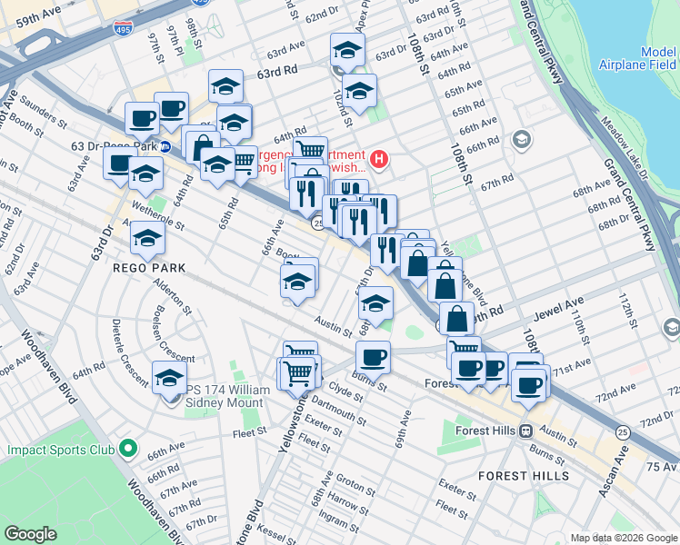 map of restaurants, bars, coffee shops, grocery stores, and more near 9945 67th Road in Queens