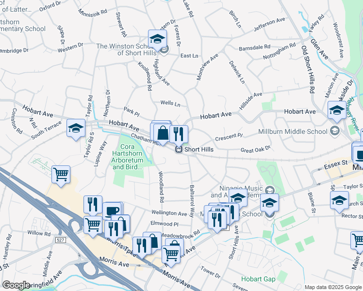 map of restaurants, bars, coffee shops, grocery stores, and more near Station Plaza in Millburn