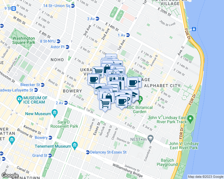 map of restaurants, bars, coffee shops, grocery stores, and more near 476 East 6th Street in New York
