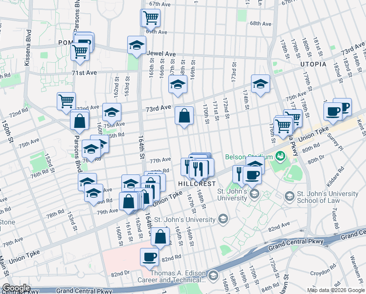map of restaurants, bars, coffee shops, grocery stores, and more near 76-41 167th Street in Queens